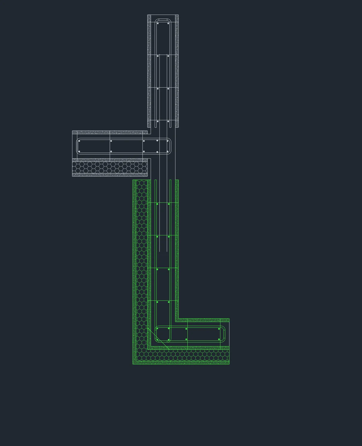 Member detail: the sample member&rsquo;s L-shaped section with panel faces, insulation, connectors, reinforcement cage, and rebar splice connections to adjacent members